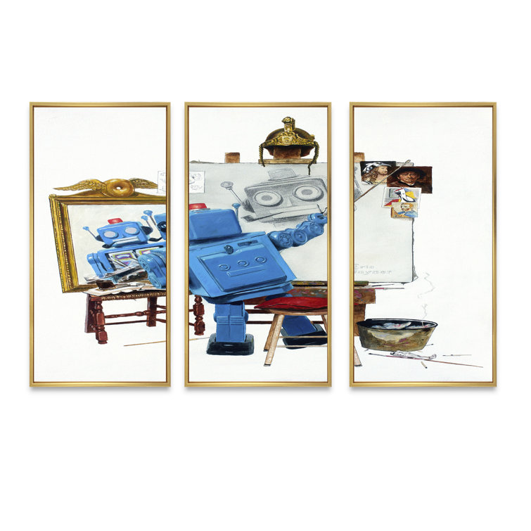 DesignArt Robot Painting Selfie Framed On Canvas 3 Pieces Print